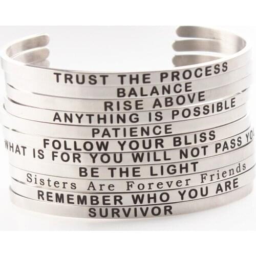 H i j k 4mm stainless steel cuff inspirational bangle engraved positive phrases mantra bracelet jewelry for girl friend gift