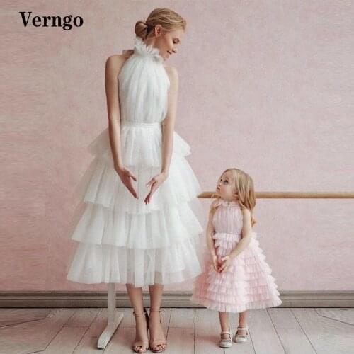 Verngo Elegant Layered Tulle A Line Wedding Party Dresses High Neck Tiered Backless Tea Length Bride Formal Gowns Plus Size