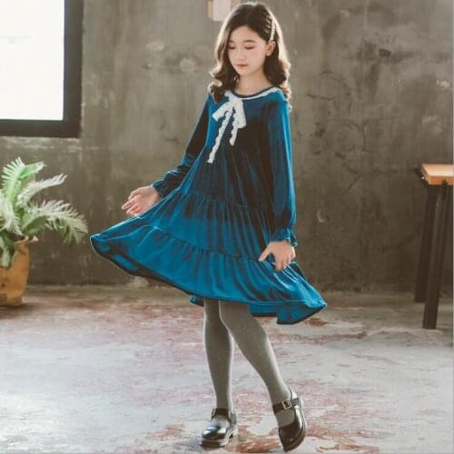 Girls Lace Dress Winter Teen Girls Blue Bow Tie Golden Velvet Princeess Dress Children Thicken Dresses Kids Clothing 10 12 14T