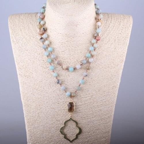 MOODPC Free Shipping Amazonite Stones Bohemian Tribal Jewelry Rosary Chain Crystal and Lip Pendant Necklace