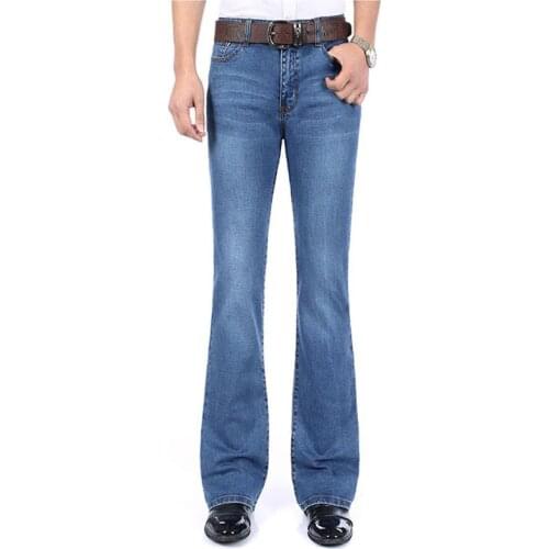 ABOORUN 2020 New Mens Flared Jeans Light Blue Classic Boot Cut Leg Denim Pants Stretch Slim Flared Jeans for Male R3508