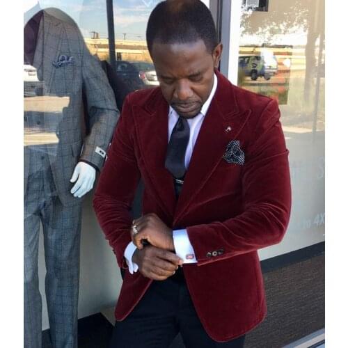 2017 New Tailored Burgundy Velvet Suit Men Slim Fit 2 Piece Jacket+Pant Groom Wedding Suits Custom Blazer Prom Tuxedo Ternos