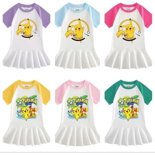 Pokemon Girls Clothes Pikachu Cartoon Half Sleeve Girls Dress Baby Cotton Western-style Pleated Princess Dress Girls Clothes