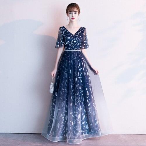 Formal dress print evening dress long party dress V-neck loose sleeves 2019 new