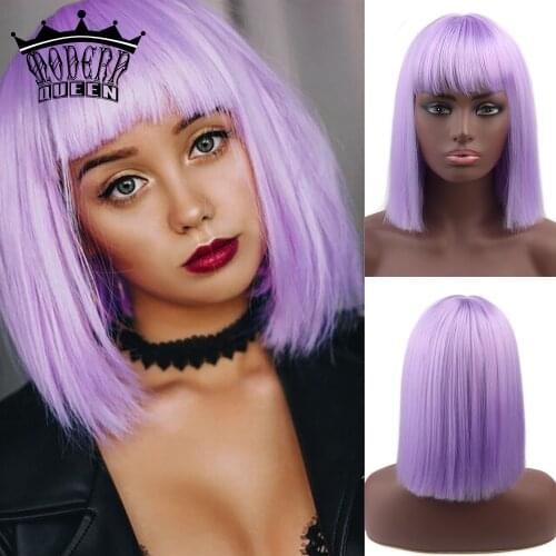 12 "Synthetic Hair Bob Short Wig with bangs Blue Purple Pink Heat Resistant Straight Cosplay Wigs for Women MODERN QUEEN