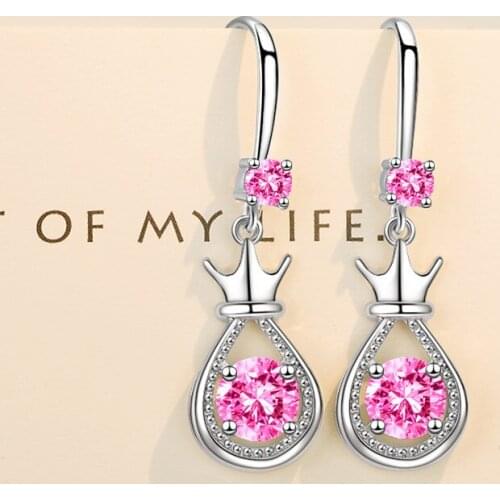 Luxury Queen Crown Pink Round Zircon Water Drop Earrings For Women Wedding Jewelry Cute Blue White Crystal Stone Dangle Earrings