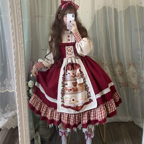 Lixm Christmas Lolita Dress Kawaii Women New Year 2021 Sweet Lace Ruffle Patchwork Puff Long Sleeve Dress Red Princess Plaid