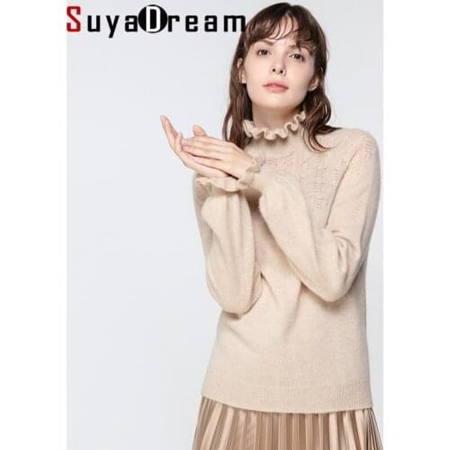 SuyaDream woman sweaters 100%Cashmere Turtleneck Pullovers Hollow Out Long Sleeve Warm Sweaters 2020 Fall Winter Knit Top