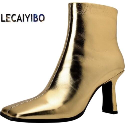 Sexy Pumps Women Genuine Leather Square Toe Ankle Boots High Heels Block Zip Shoe Goth Party 34 35 36 37 38 39