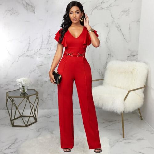 Ladies Three Quarter Sleeve CutOut Shoulder Wide Leg Jumpsuit Women Casual Short Sleeve Solid Jumpsuit Sexy V-Neck Jumpsuit