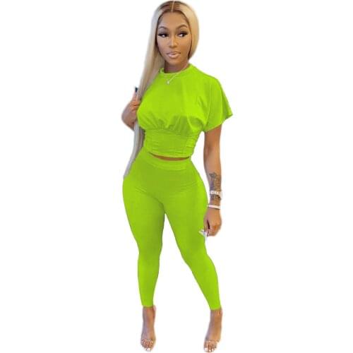 2021 Tracksuit Women Casual Sporty Fitness Short Sleeve Corset T Shirts Crop Top + Leggings Slim Two Piece Set Outfit Joggers