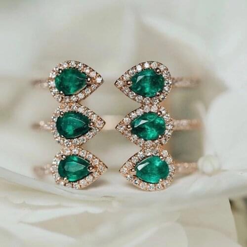 Elegant Women clear bling cubic zirconia green tear cz paved Geometric Hollow Engagement Wedding Band Gold Color Ring for Female