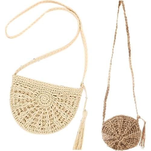 2Pcs Straw Crossbody Bag Women Weave Shoulder Bag Round Summer Beach Purse and Handbags - Beige & Light Brown
