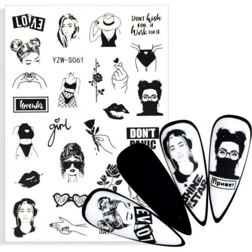 3D Black Sexy Lady Pattern Self-adhesive Nail Stickers Character Image Decal With Back Adhesive Slider Valentine Nail Art Decora
