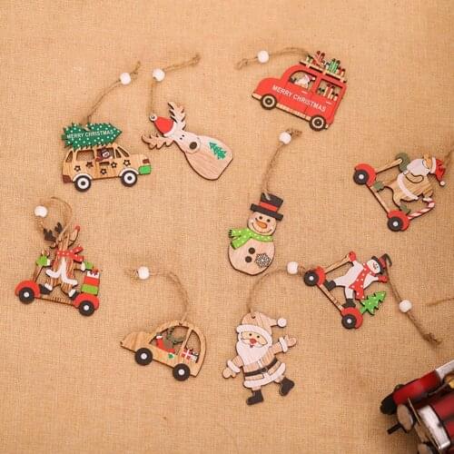 9pcs/Set Christmas Decorations Xmas Ornament 3 Styles Wooden Cartoon Santa Claus Combination Pendant Hanging Decor For New Year