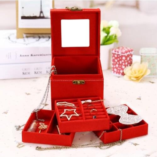 B New Style mirror Velvet Jewelry Holder Colors Jewelry Boxes 3 Layers inside With Lock Organizer For Ring And Necklace