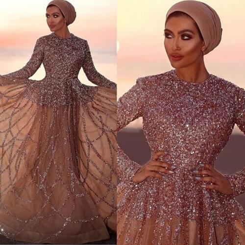 2020 Sparkle Muslim Prom Dresses Long Sleeves Sequined Jewel Neck Formal Evening Gowns Vestidos Longo A Line Elegant Party Dress