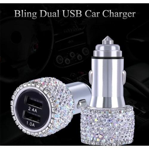 Bling Rhinestone Fast Car Charging Type C Mini Diamond Mobile Phone Dual USB Quick Charge Alloy Safety Hammer Car Charger