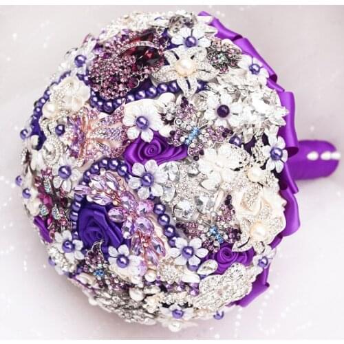 DIY brooch bouquet Silk Bride Bridal Wedding Bouquet Bridesmaid purple & ivory Cloth roses Customizable diamond bouquets
