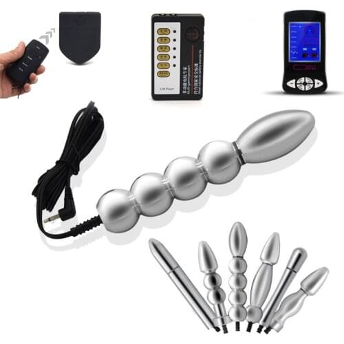 Electric Shock Stainless Steel Pulse Anal Dildo Metal Bullet Anal Beads Sex Toys For Adults Electro Shock Massage power box