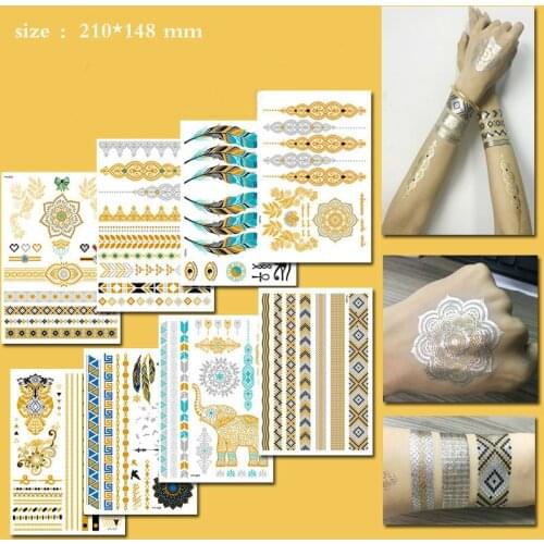 Sexy Sun Moon Star Temporary Tattoo Women Party Body Arm Art Fake Flash Tattoos Gold Metallic Tattoo Sticker Girl Bracelet Wrist