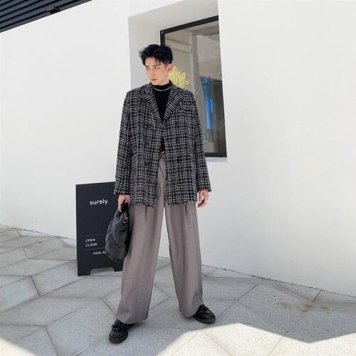 Qualities Autumn British Mens Casual Tassel Plaid Blazers Long Sleeve Double Breasted Lapel Loose Fit Male Medium Length Blazer