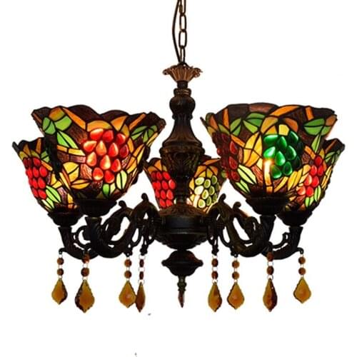 European-Style Creative Tiffany Stained Glass Living Room Dining Room Bedroom Bar Club Villa Grape 5 Crystal Chandelier Lighting