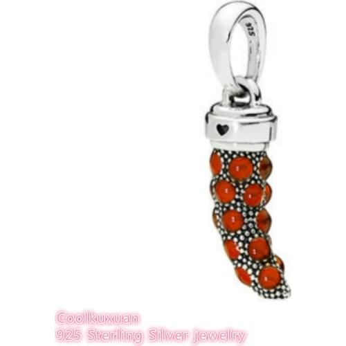 Summer 100% 925 Sterling Silver Red Italian Horn Necklace Pendant, Red Enamel Beads Fit Original Pandora Charms Bracelet