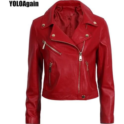 YOLOAgain Real Sheepskin Golden Zipper Women Genuine Leather Jacket