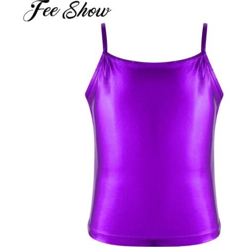 Kids Girls Dance Tank Top Shiny Metallic Solid Color Camisole Tops Clothing Children Ballet Dance Jazz Stage Performance Clothes