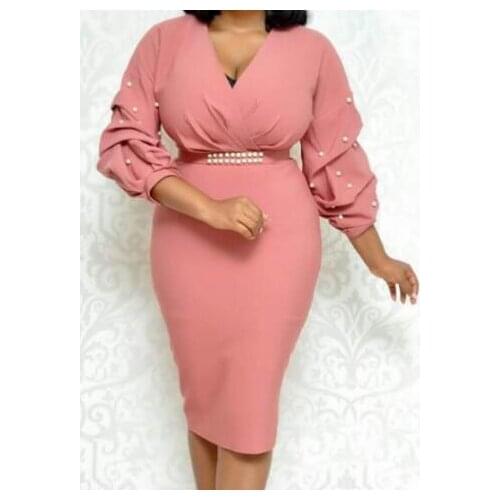 Autumnr Dress Women Office Long Sleeve V Neck Solid Color Beading Formal Dress Winter Pencil Dresses Bodycon Dress Vestidos