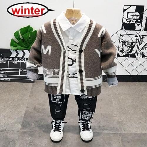 Fashion Winter Children Suits Boys Clothing Sets Boys Knit Cardigan,Plush Shirt and Thickened Jeans 3pcs Kids Outfits 2-6years