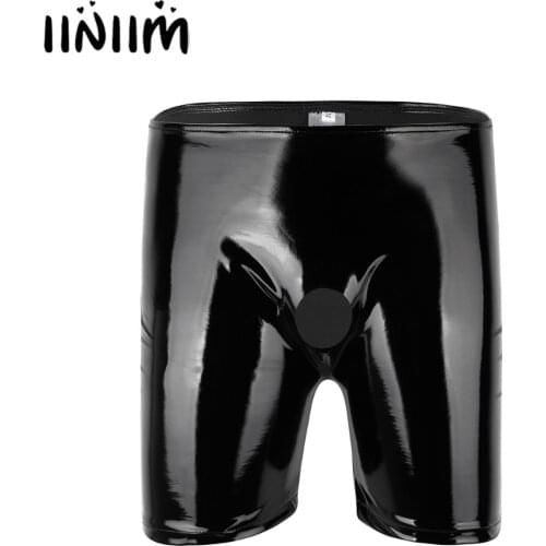 Iiniim Mens Lingerie Shiny Patent Leather Open Penis Ring Long Leg Boxer Short Underwear Underpants for Sexy Gay Male Panties