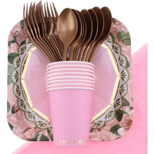 45Pc/Set Pink Flowers Theme Disposable Tableware Birthday Decoration Baby Shower Napkin Fork Plate Cup Tablecloth Party Supplies