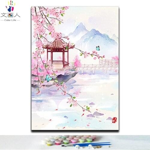 Diy coloring Paints by numbers traditional chinese style building landscape flowers with kits for girls to practise painting