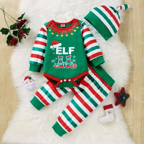 Christmas Baby Girls Boys Clothes Outfit Baby Xmas Long Sleeve Round Collar Romper Top + Stripe Pants + Hats Set