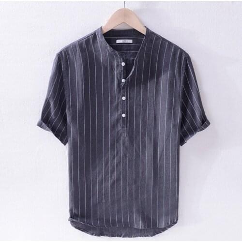 Summer Mens Stripe Short Sleeve Stand Collar Shirt Outdoor Trekking Labor Students Travel Hiking Loose Casual Cotton Linen Tops