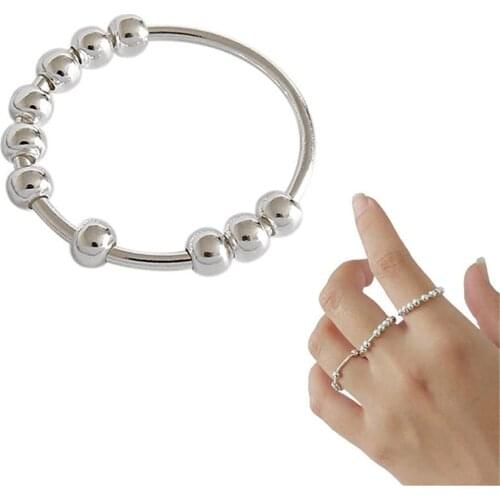 Silver Rotatable Beaded Finger Ring For Anti-stress Anxiety Index Finger Rings