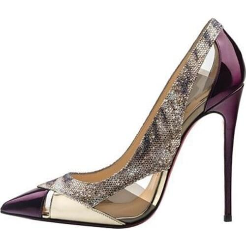 Crystal Shiny Patchwork Women Dress Pumps Fashion High Heels Sexy Pointed Toe Cut Out Stiletto Heel Ladies Shoes Slip On