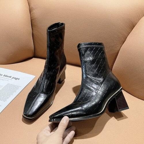 Brand Fashion Embossed PU leather Women Ankle Boots Pointed toe Western Cowboy Boots Women Wedges boots Female Zapatos Mujer