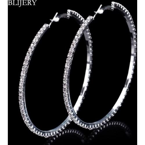 BLIJERY Fashion Women Jewelry Sparkling Rhinestone Circle Earrings Big Round Earrings Silver Color Crystal Large Hoop Earrings