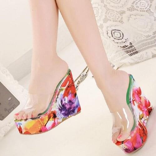 Summer Women Wedge High Heel Chunky Platform Open The Toe Slippers Lady Printing Flowers PVC Clear Transparent Sandals SXQ0611