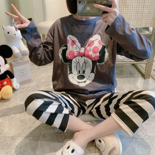 Disney Minnie Mouse Pajamas Set Women Autumn Winter Sleepwear Pyjamas Loungewear Nightwear Fall Bathrobe Shirt& Striped Pants