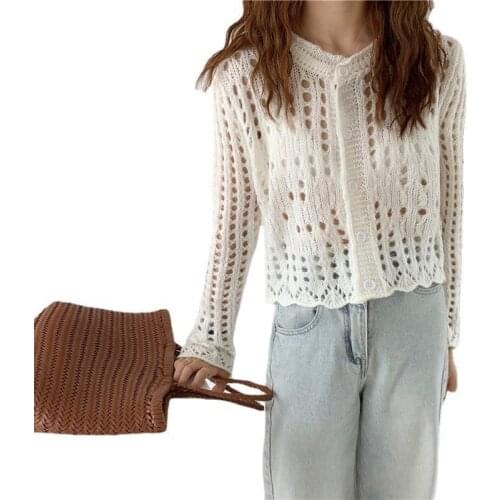 Autumn and Winter New O Neck Long Sleeve Female Cardigan Short Hollow Button Knitted Cardigan Sweater Coat Women White Cardigan