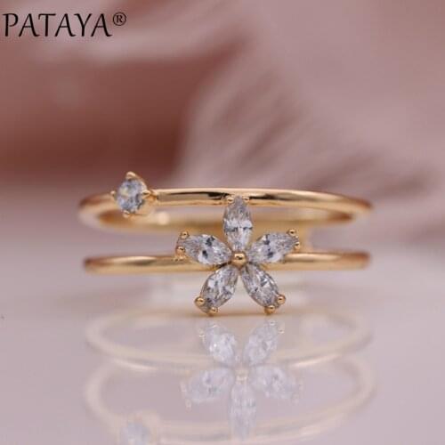 PATAYA New White Plum Blossom Women Rings 585 Rose Gold Romantic Lover Wedding Fashion Jewelry Unique Flower Double Layer Ring
