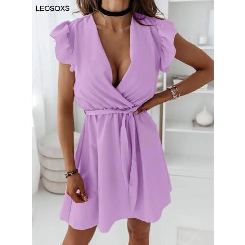 Dresses For Women 2021 Summer Solid Color Loose Belt Ruffle Sleeveless V-neck Dress Sexy Elegant Casual Midi Dress