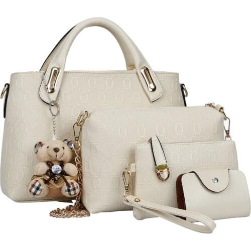4Pcs/Set Elegant Ladies Bear Pendant Handbag Shoulder Bag Girls Fashion PU Leather Casual Messenger Tote Bag
