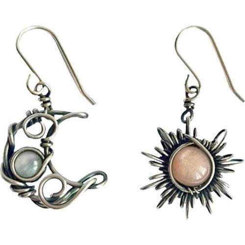 Bohemia Retro Sun Moon Drop Earrings Moonstone Asymmetric Bohemia Style Earrings Jewelry Gift For Girlfriend Wife Lover Jewelry