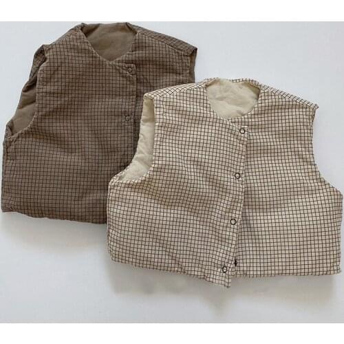Korean Japan Style Childrens Plaid Vest Spring Autumn Baby Boys Girl Sleeveless Cotton Linen Coat Kids Cardigan Coat