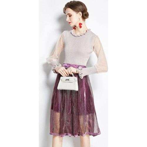 Autumn Elegant Two Piece Sets Women Lantern Sleeve Pearls Beading Knitted Top + Mesh Tulle Floral Long Skirt Ladies Suits k9846